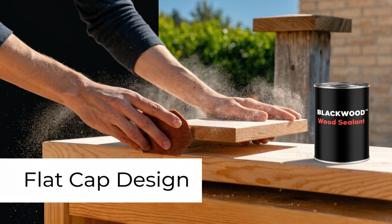 A craftsman sands a wooden piece near a can of Blackwood Wood Sealant for fence maintenance.