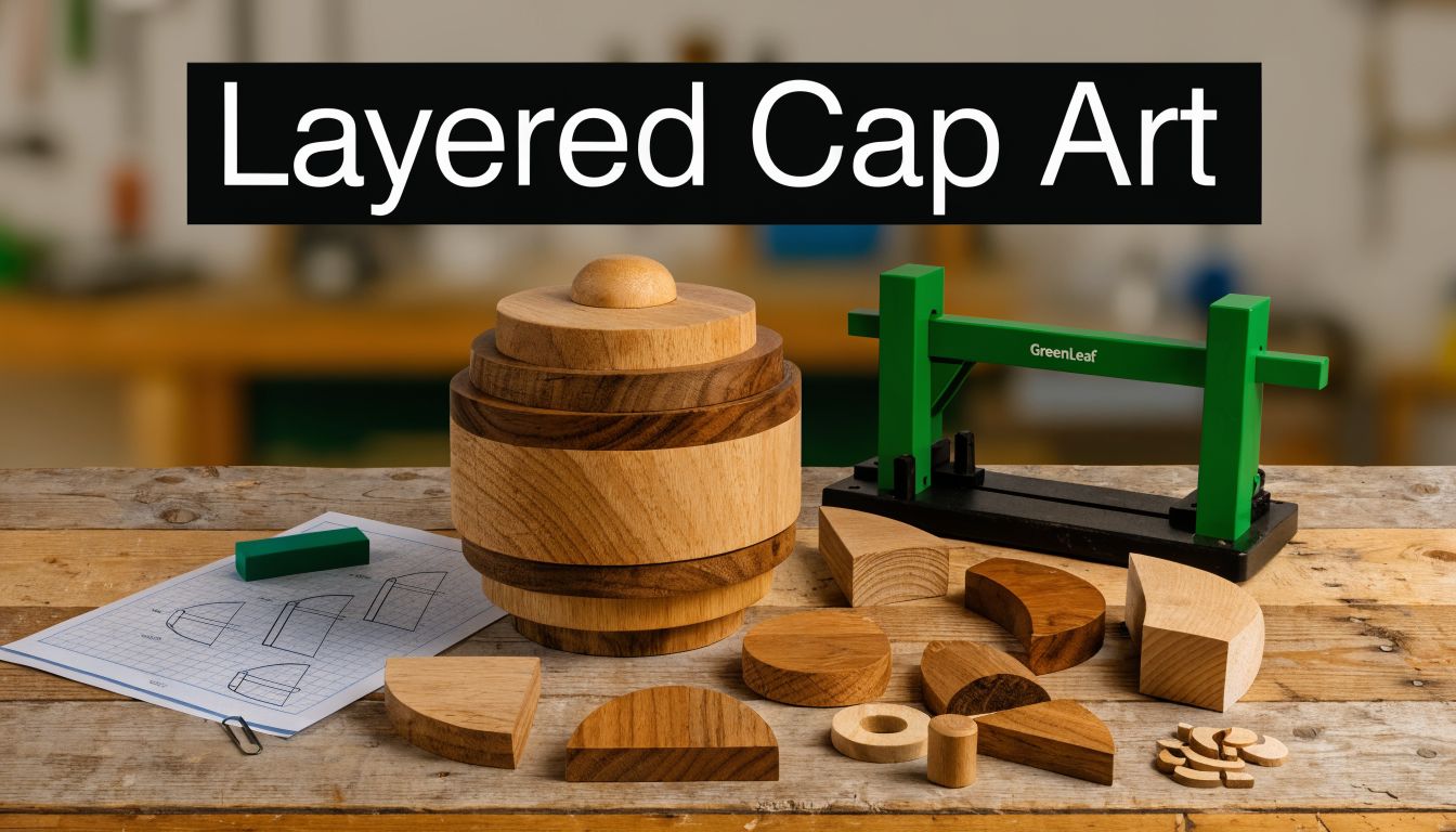 A wooden layered project with blueprint drawings and tools on a rustic workbench.