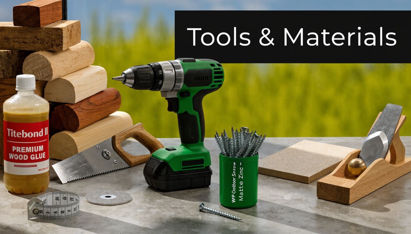An assortment of woodworking tools, wood glue, and hardware materials arranged on a workshop surface.