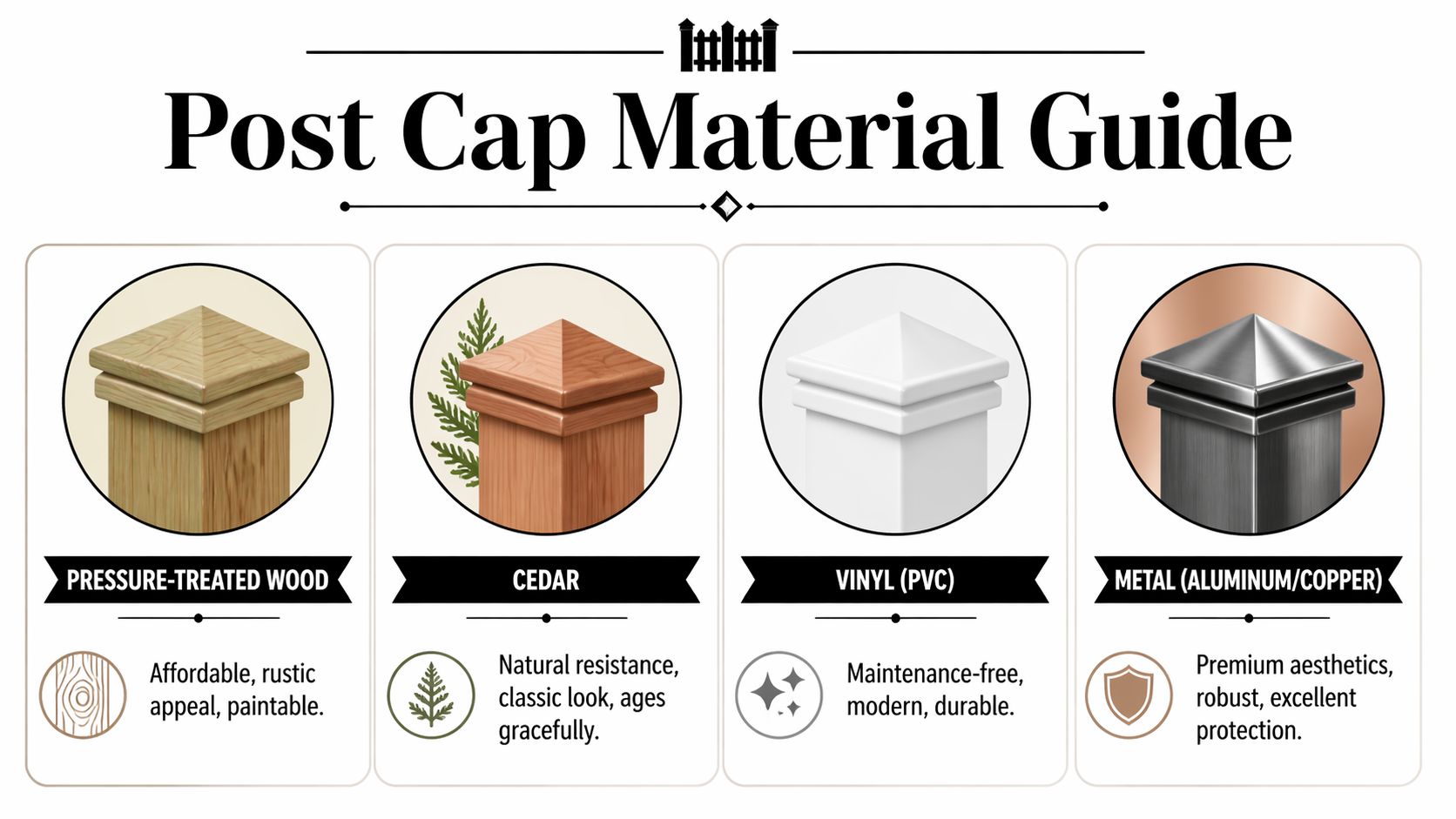 A comparison guide displaying different types of fence post caps including pressure-treated wood, cedar, vinyl, and metal.