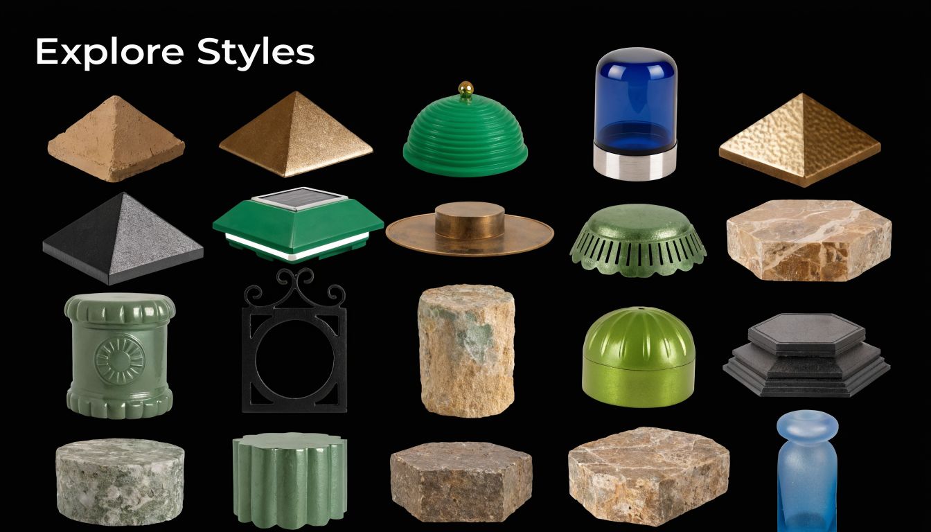 A diverse collection of various fence post cap styles displayed against a black background for design inspiration.