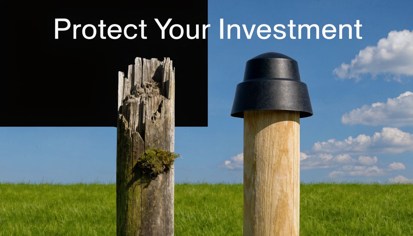 A split comparison showing a rotting wooden post beside a protected post with a black fence cap.