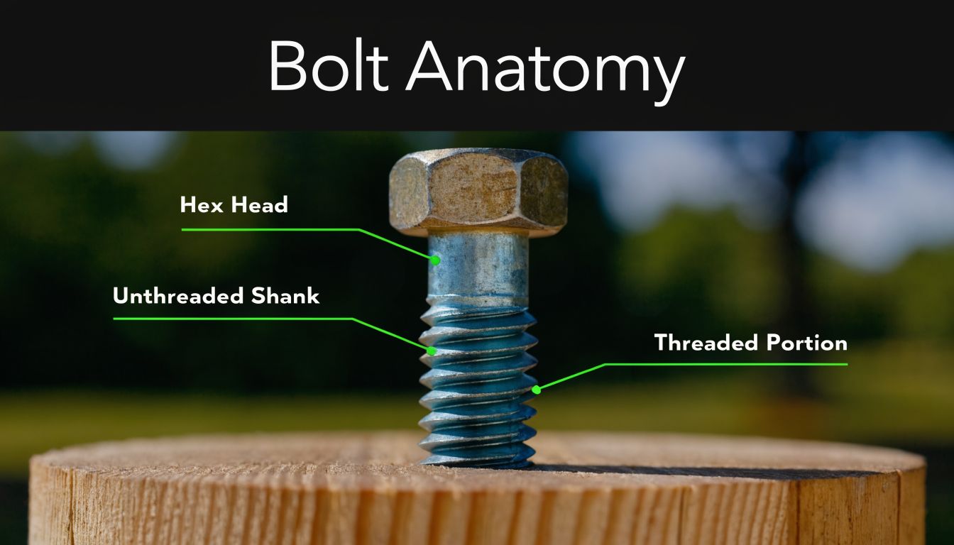 A close-up diagram showing the anatomy of a bolt, labeling the hex head, unthreaded shank, and threaded portion.