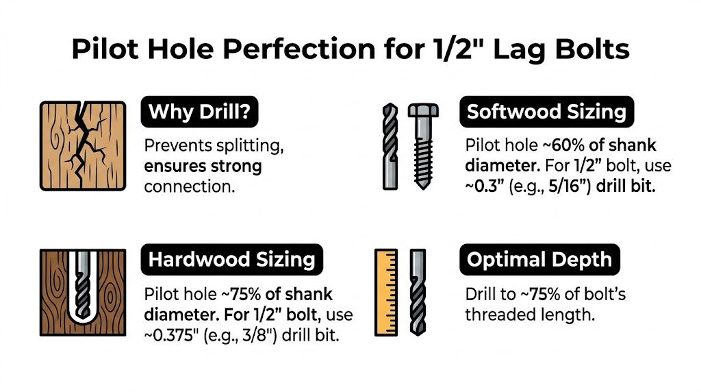 An infographic showing the correct pilot hole sizes and drilling guidelines for installing 1/2-inch lag bolts.