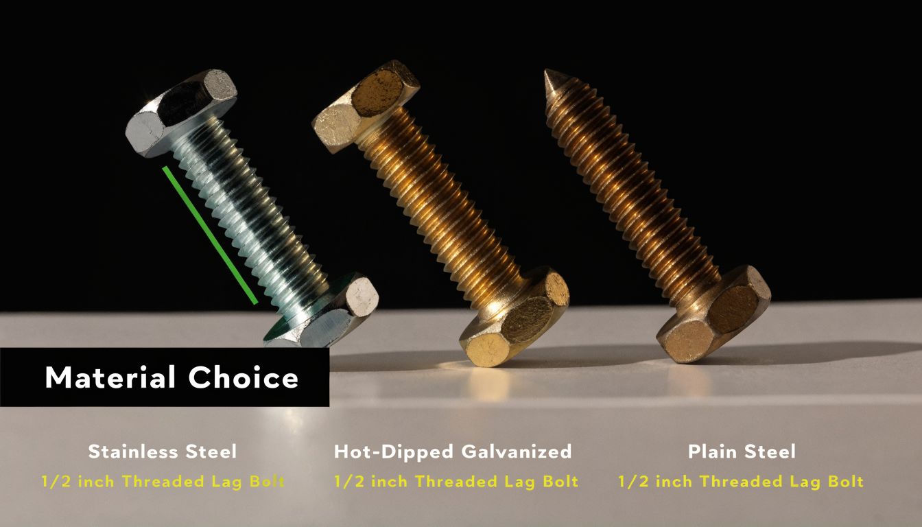 Three different types of 1/2 inch threaded lag bolts including stainless steel, hot-dipped galvanized, and plain steel finishes.