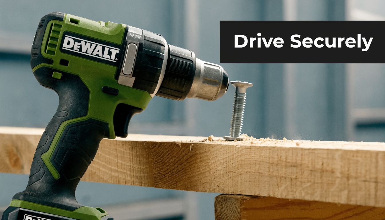 A green DeWalt cordless power drill driving a metal lag bolt into a wooden plank.