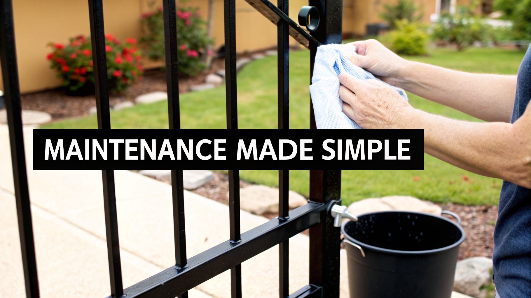 A person's hands are cleaning a black iron gate with a cloth, with MAINTENANCE MADE SIMPLE text.