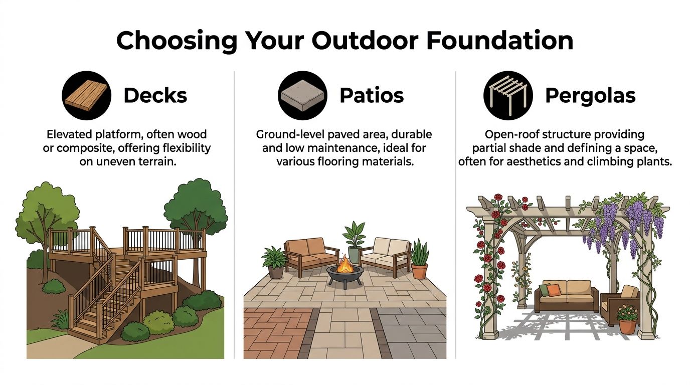An infographic showing comparisons between different outdoor foundation types including decks, patios, and pergolas for landscaping.