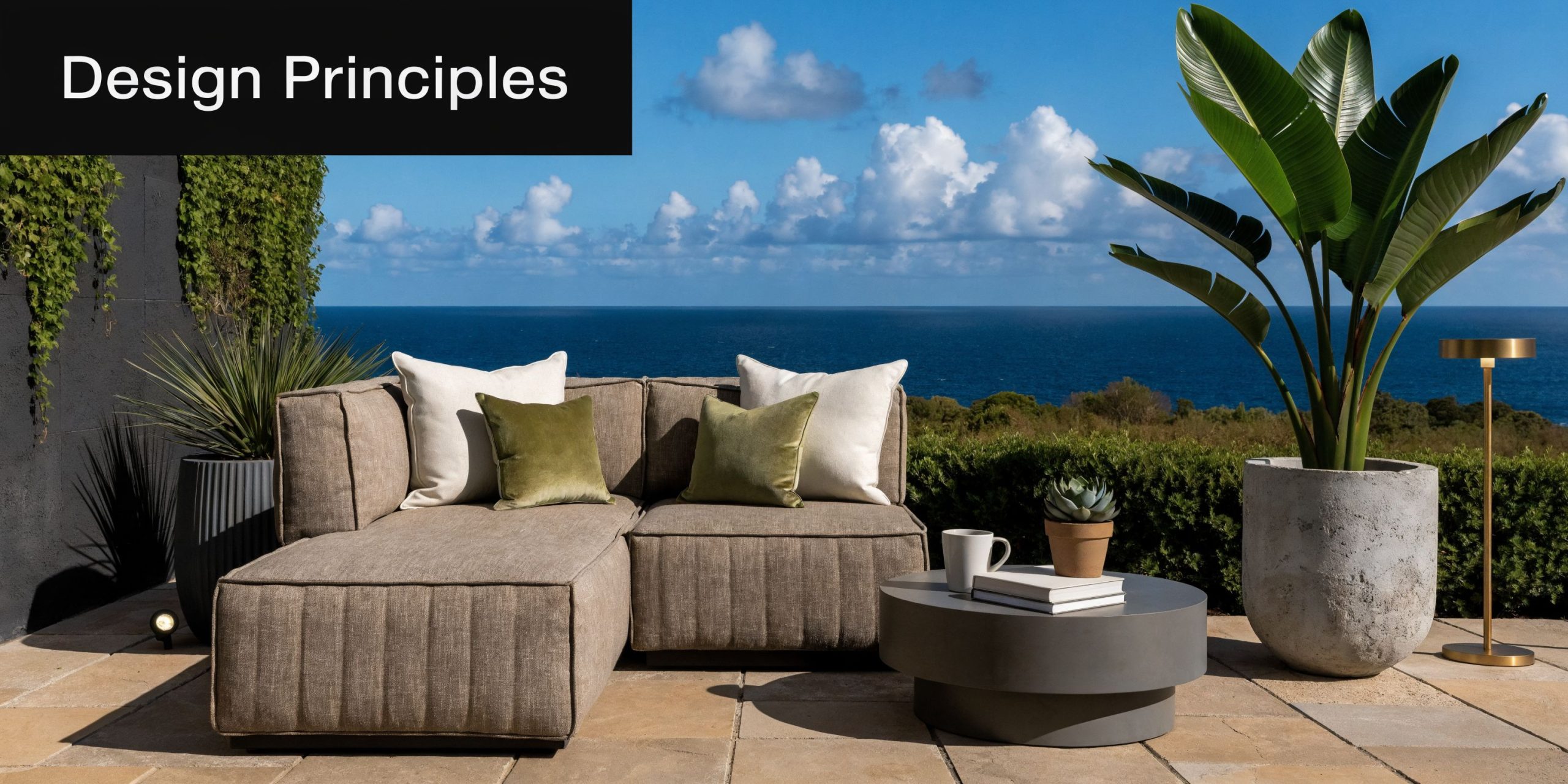 A modern outdoor living space featuring a beige sectional sofa, a round table, and plants overlooking the ocean.