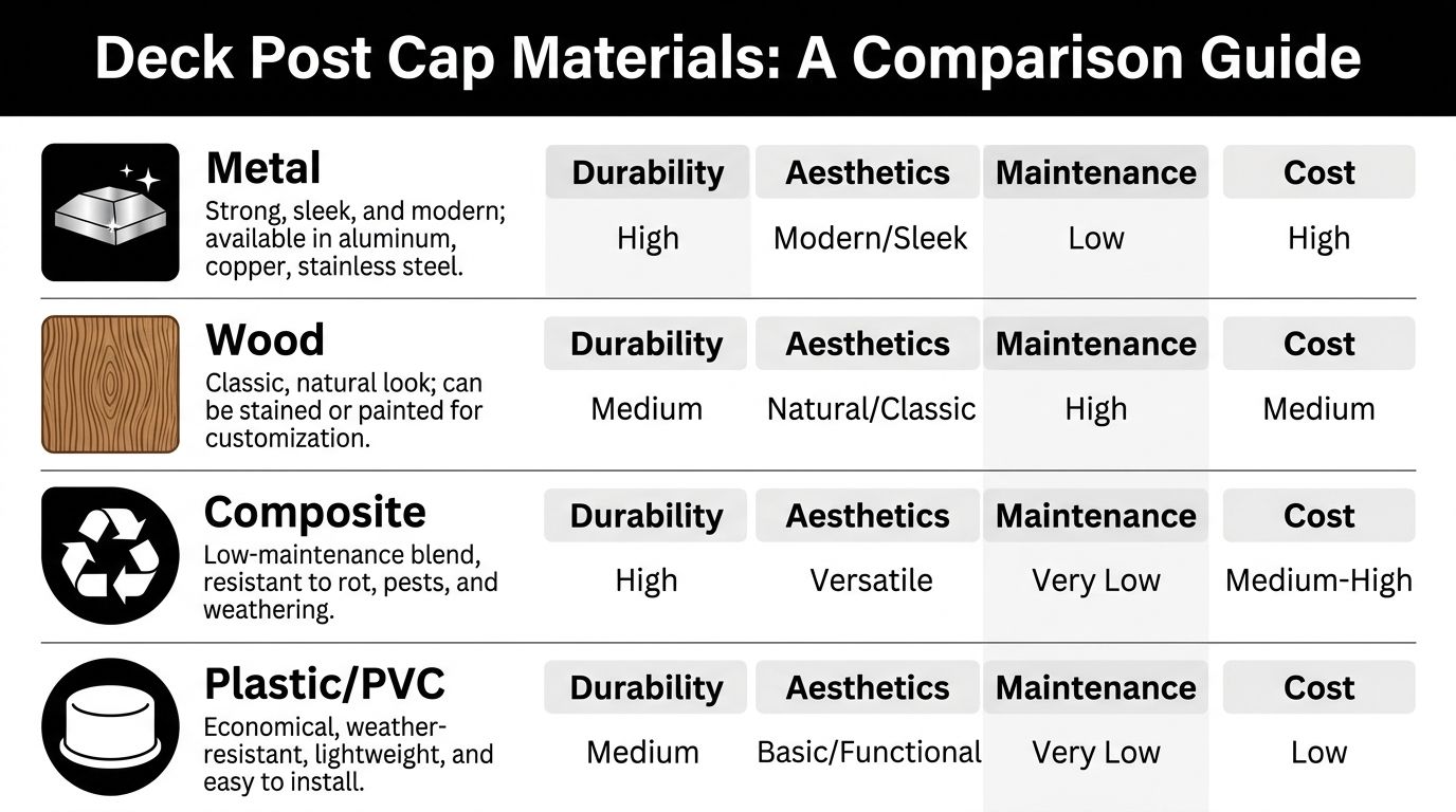 A comparison chart table detailing the durability, aesthetics, maintenance requirements, and costs for deck post cap materials.