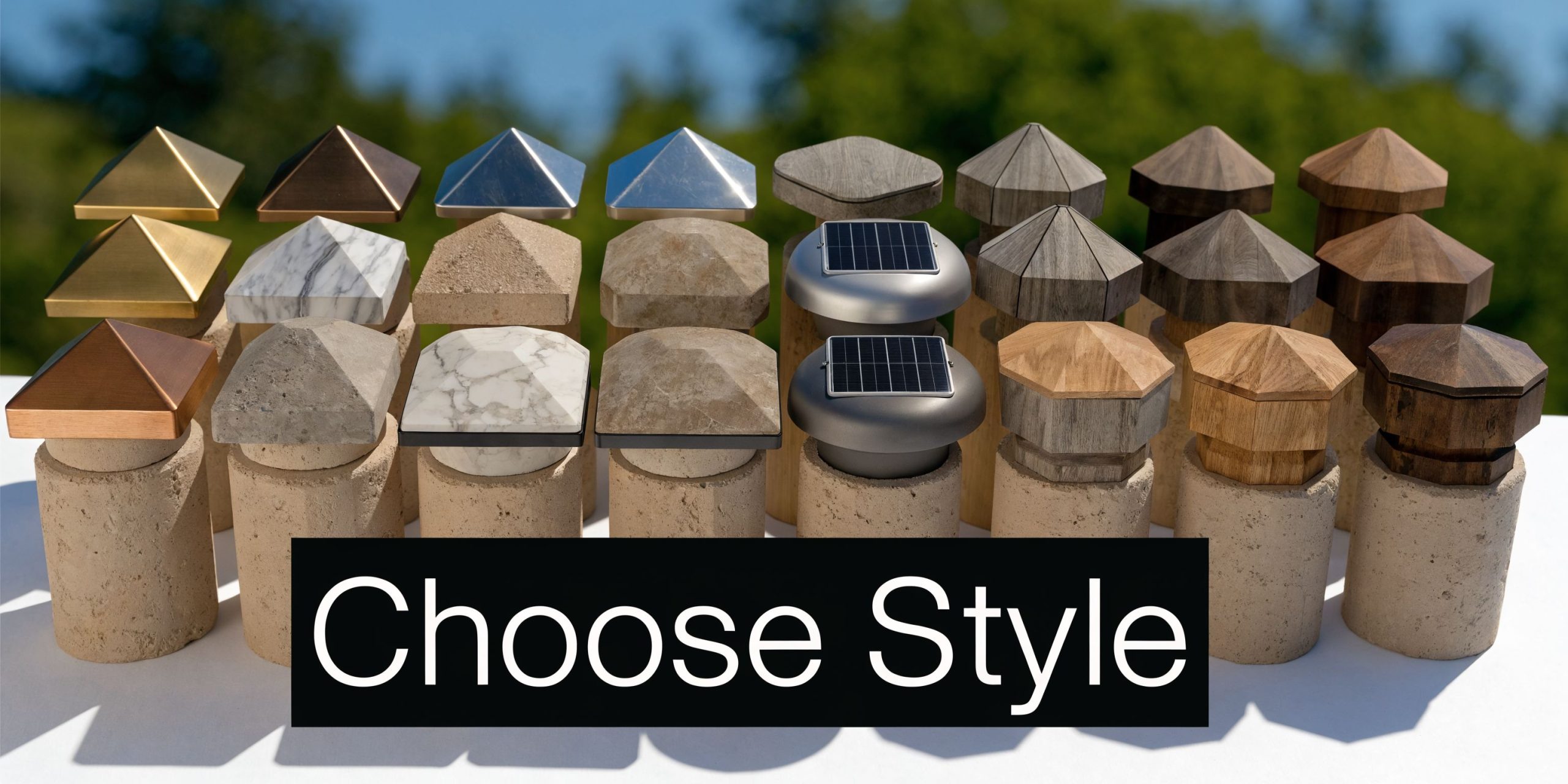 A display of various post caps for decks featuring metal, stone, marble, and solar powered designs.