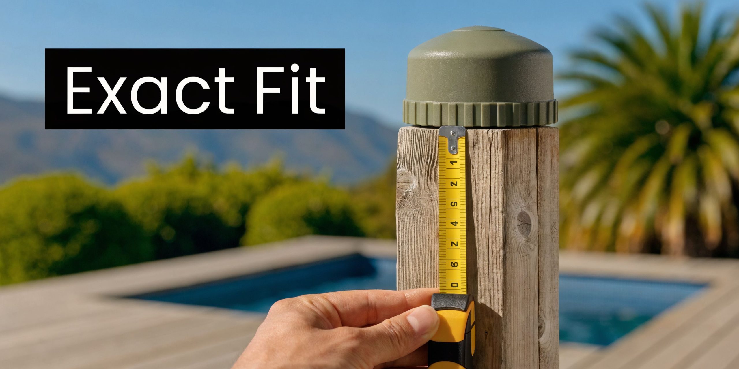 A person measuring a wooden deck post with a yellow tape measure under a fitted post cap.