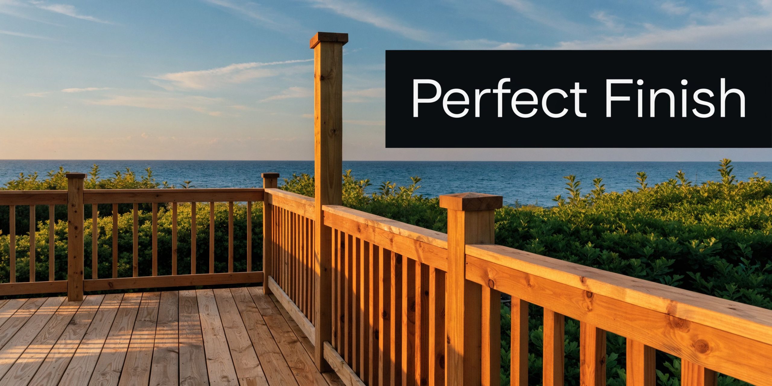 A wooden deck overlooking the ocean during sunset, highlighted by clean, modern post caps on the railings.