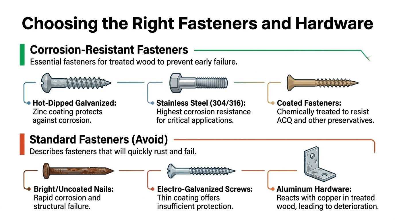 A guide illustrating appropriate corrosion-resistant fasteners versus standard fasteners that should be avoided for treated wood.