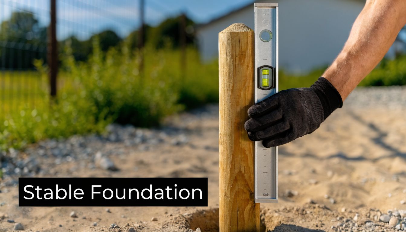 A person using a spirit level to check the vertical alignment of a pressure treated wooden post.