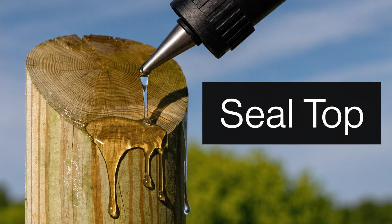 A close-up view of a professional nozzle applying protective sealant to a pressure treated wood post.