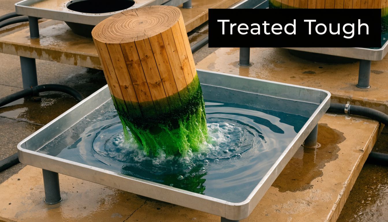 A large cylindrical wooden post partially submerged in a metal basin filled with green treatment fluid.