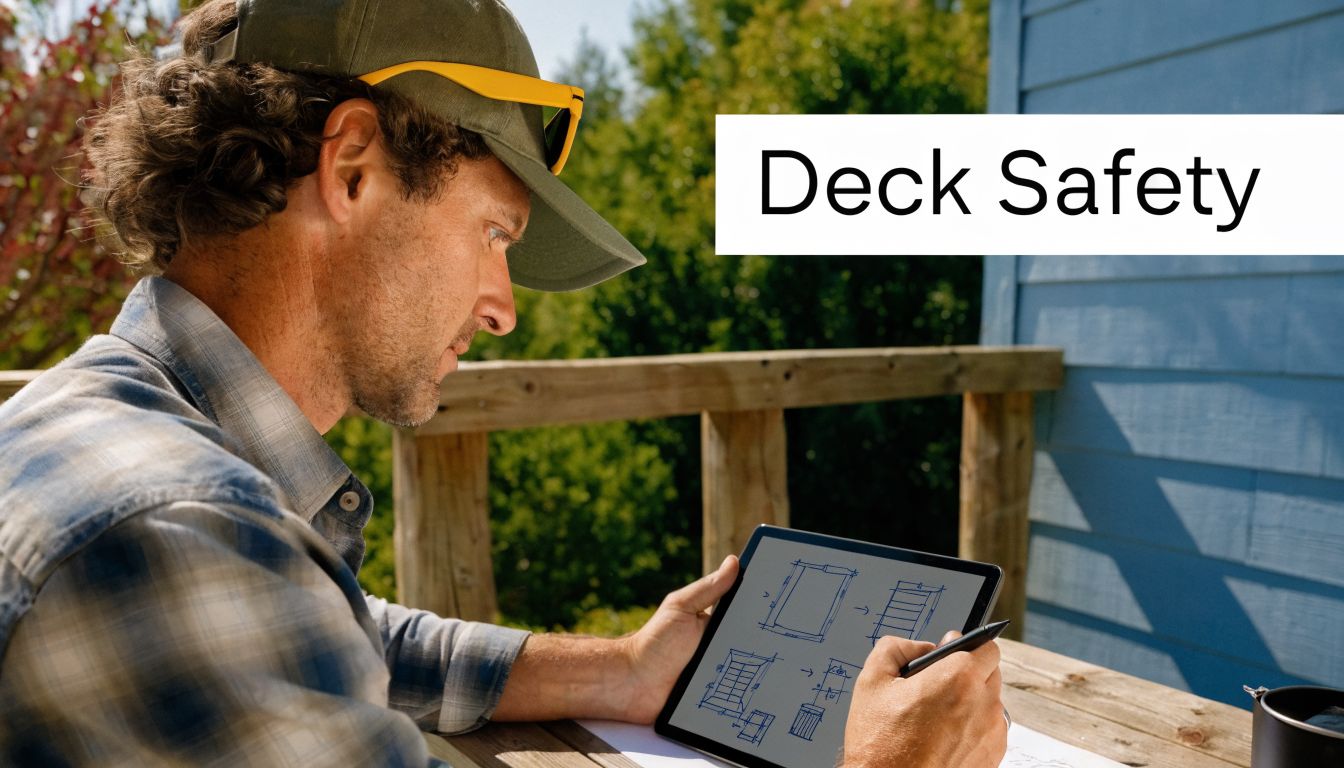 A man in a cap working on deck safety designs on a tablet outside.