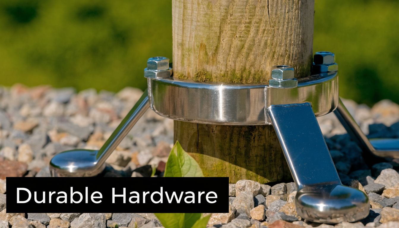A close-up shot of a stainless steel mounting bracket securing a wooden post into a gravel base.