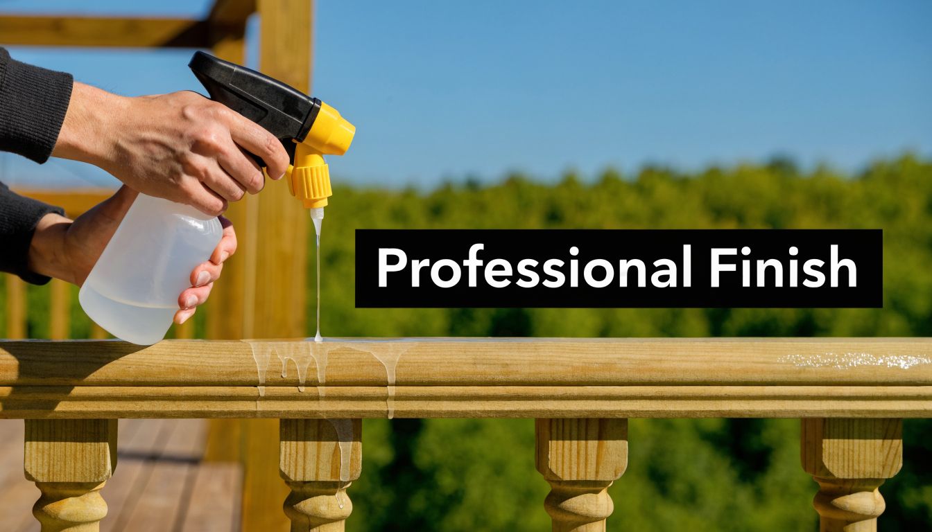 A person spraying a protective clear finish onto a pressure treated wood railing on a sunny day.
