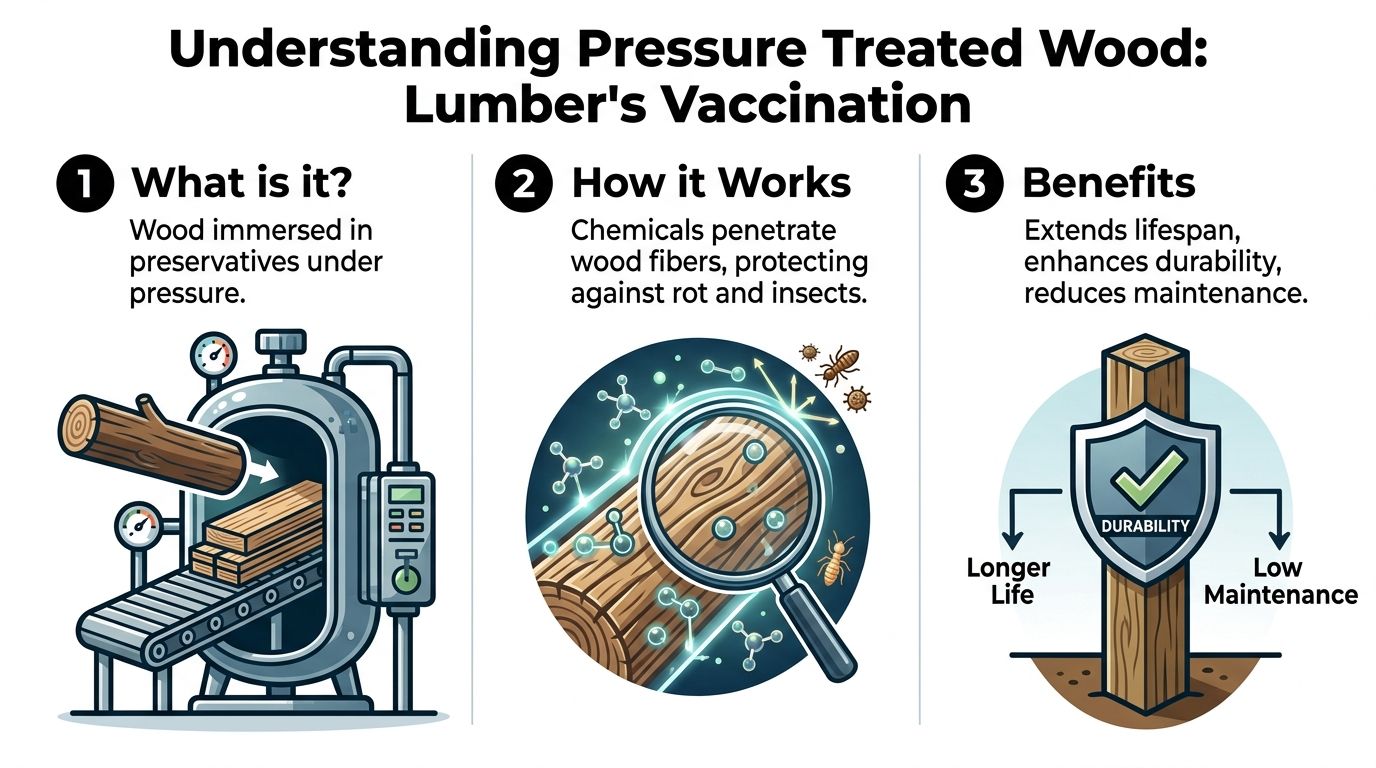 An infographic explaining the process and benefits of pressure treated wood, including lumber preservation and durability.