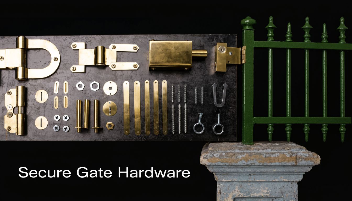 An array of brass gate hardware components arranged neatly on a dark metal board beside a green fence.