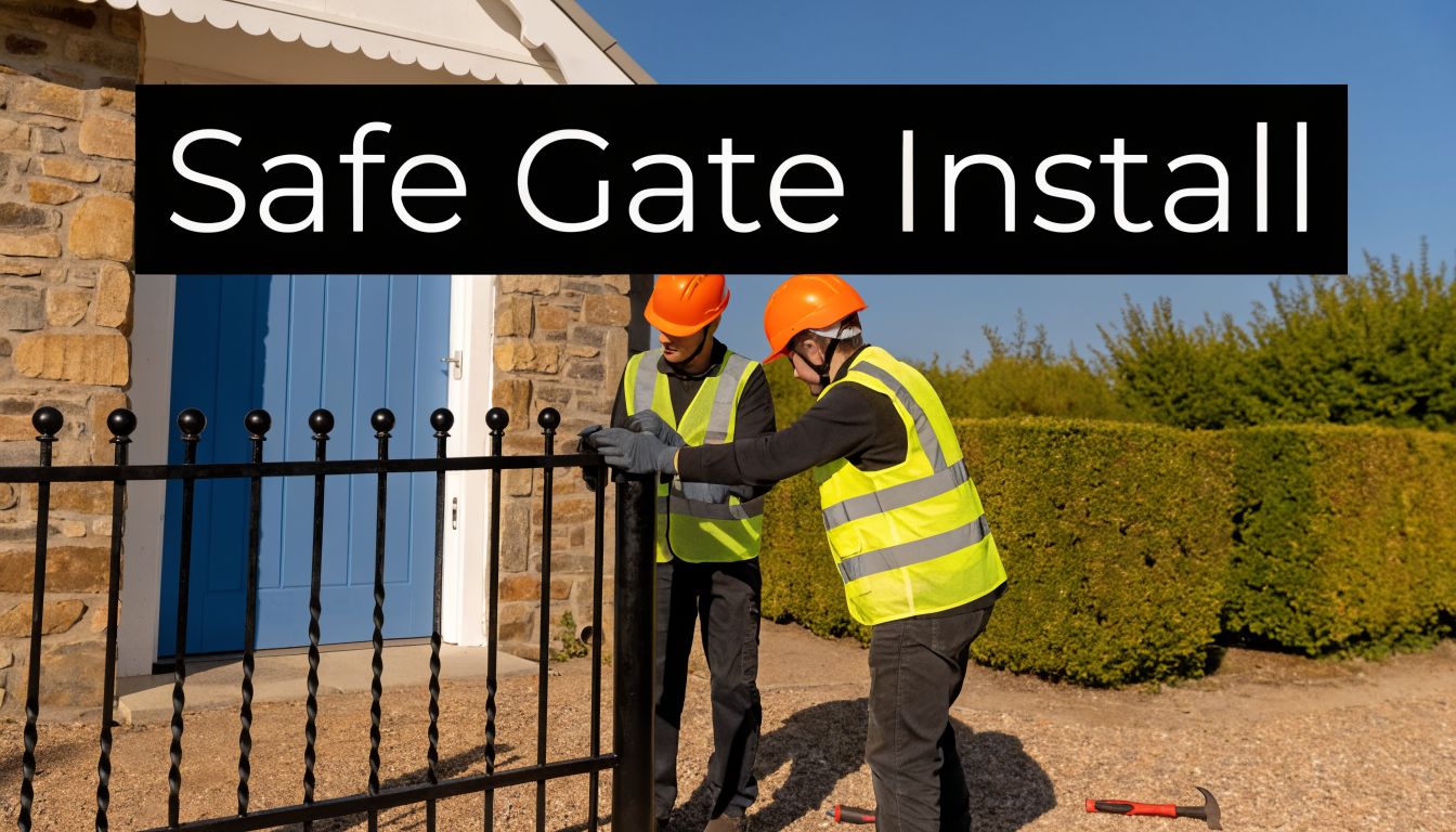 Two construction workers in safety gear installing a wrought iron gate in front of a house.