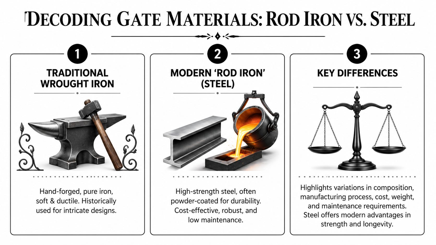 A comparison infographic between traditional hand-forged wrought iron and modern steel used for manufacturing decorative gates.