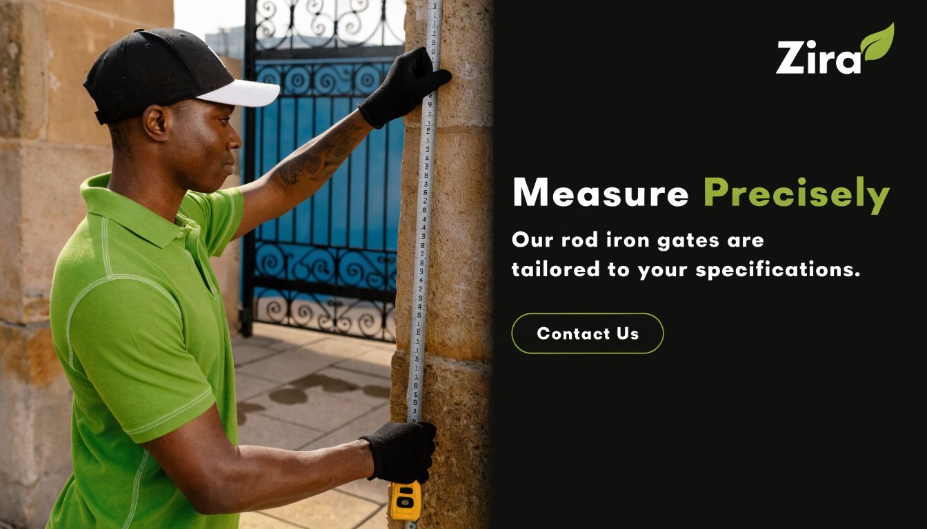 A professional worker measuring a stone gate pillar with a tape measure for custom iron gates.