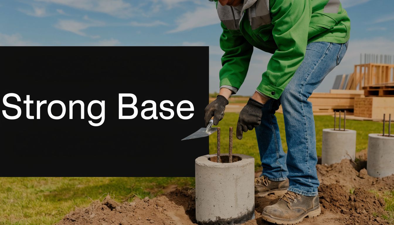 A construction worker in a green jacket works on a concrete pier foundation for a new deck.
