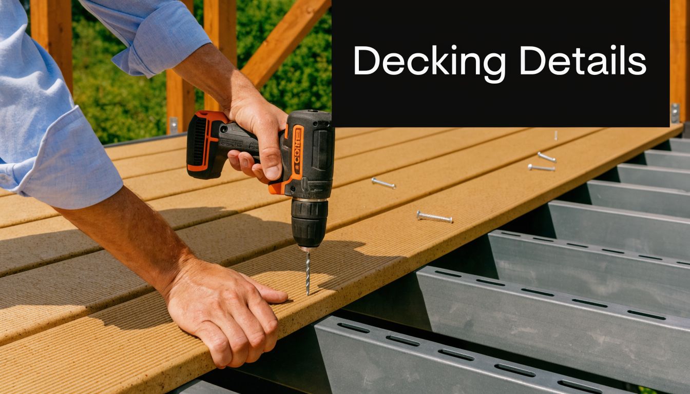 A construction worker uses a power drill to install composite decking boards on a metal frame.