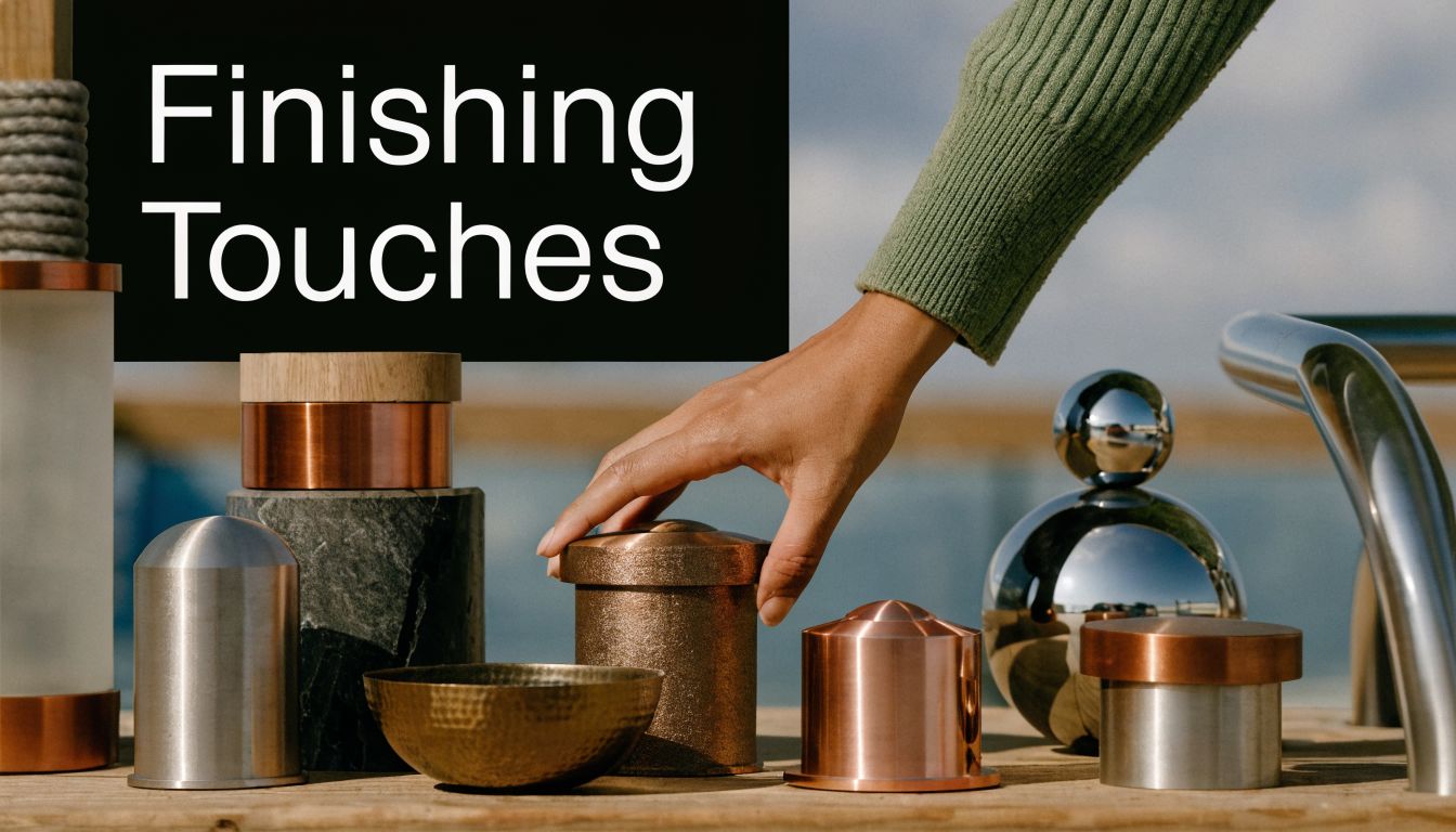 A hand placing a textured bronze lid onto a matching cylindrical container on a wooden surface.