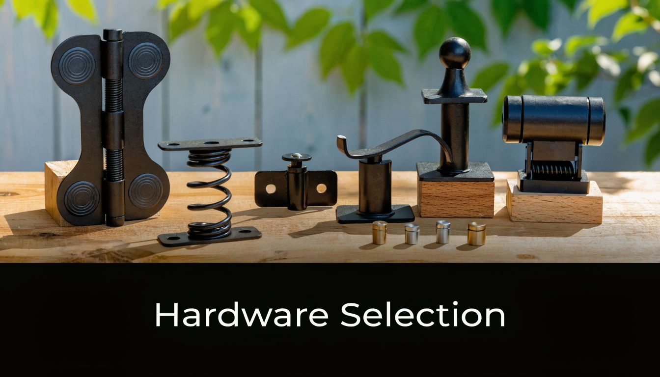 An assortment of black metal gate hardware components displayed on a wooden surface with green foliage background.