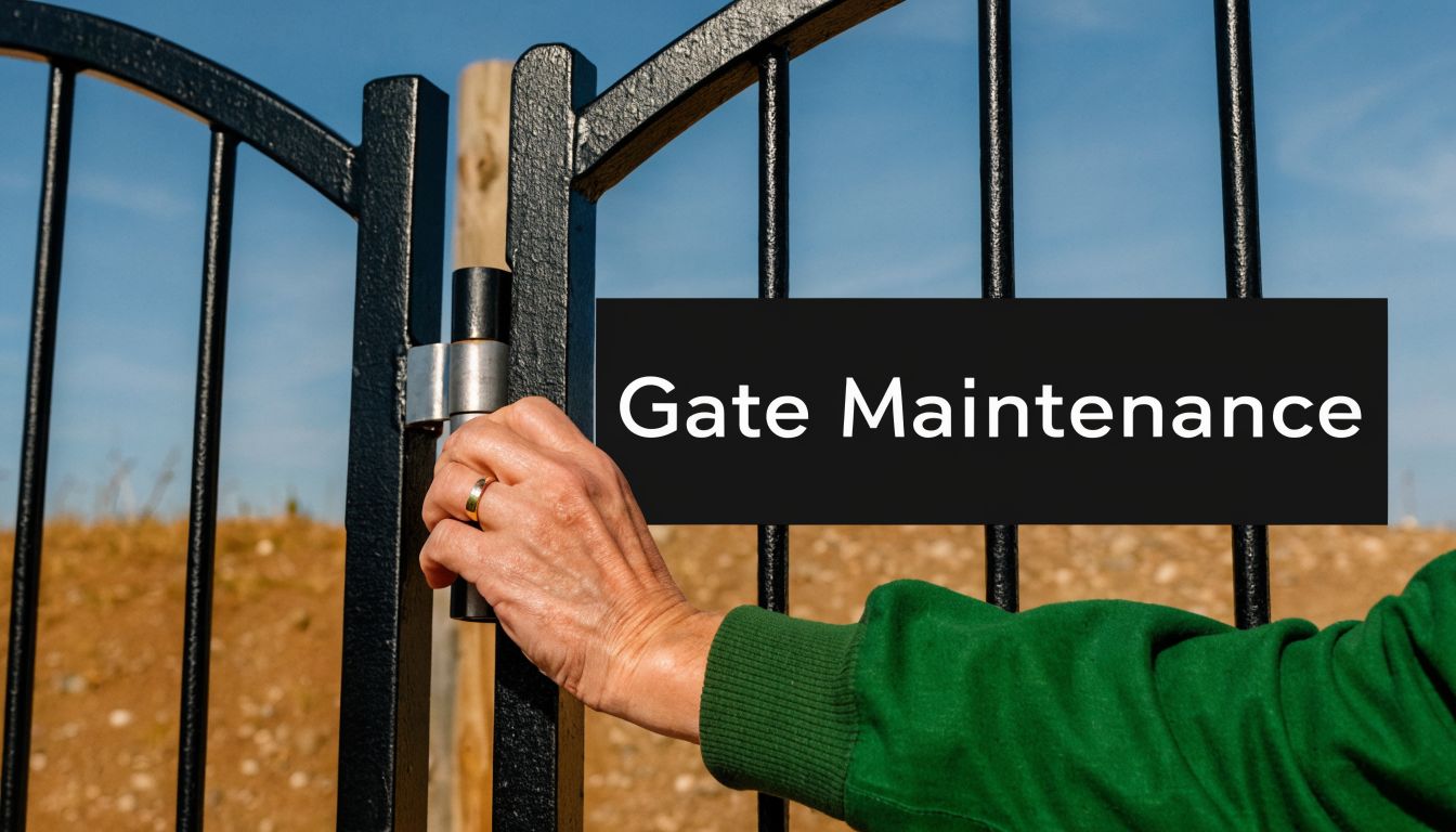 A close-up view of a hand wearing a ring touching a black metal gate hinge outdoors.