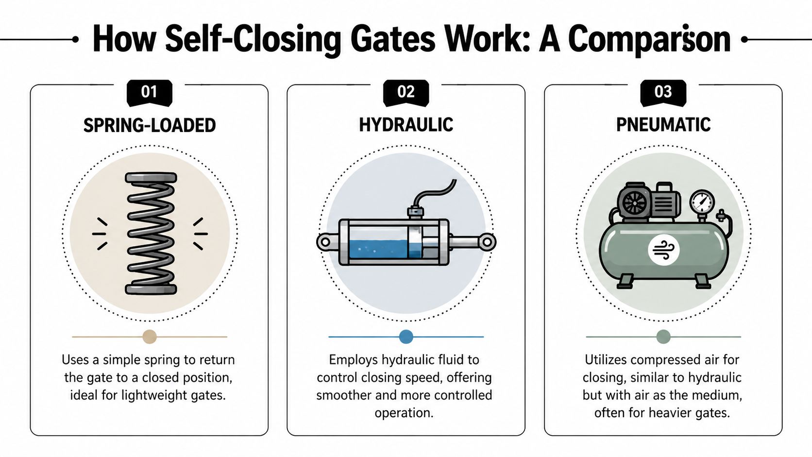 An infographic comparing three types of self-closing gate mechanisms: spring-loaded, hydraulic, and pneumatic systems.
