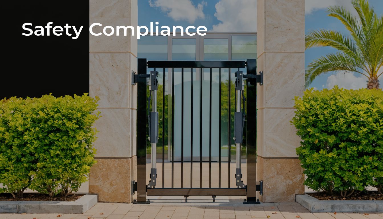 A modern black metal gate installed between two stone pillars outdoors near lush green bushes.