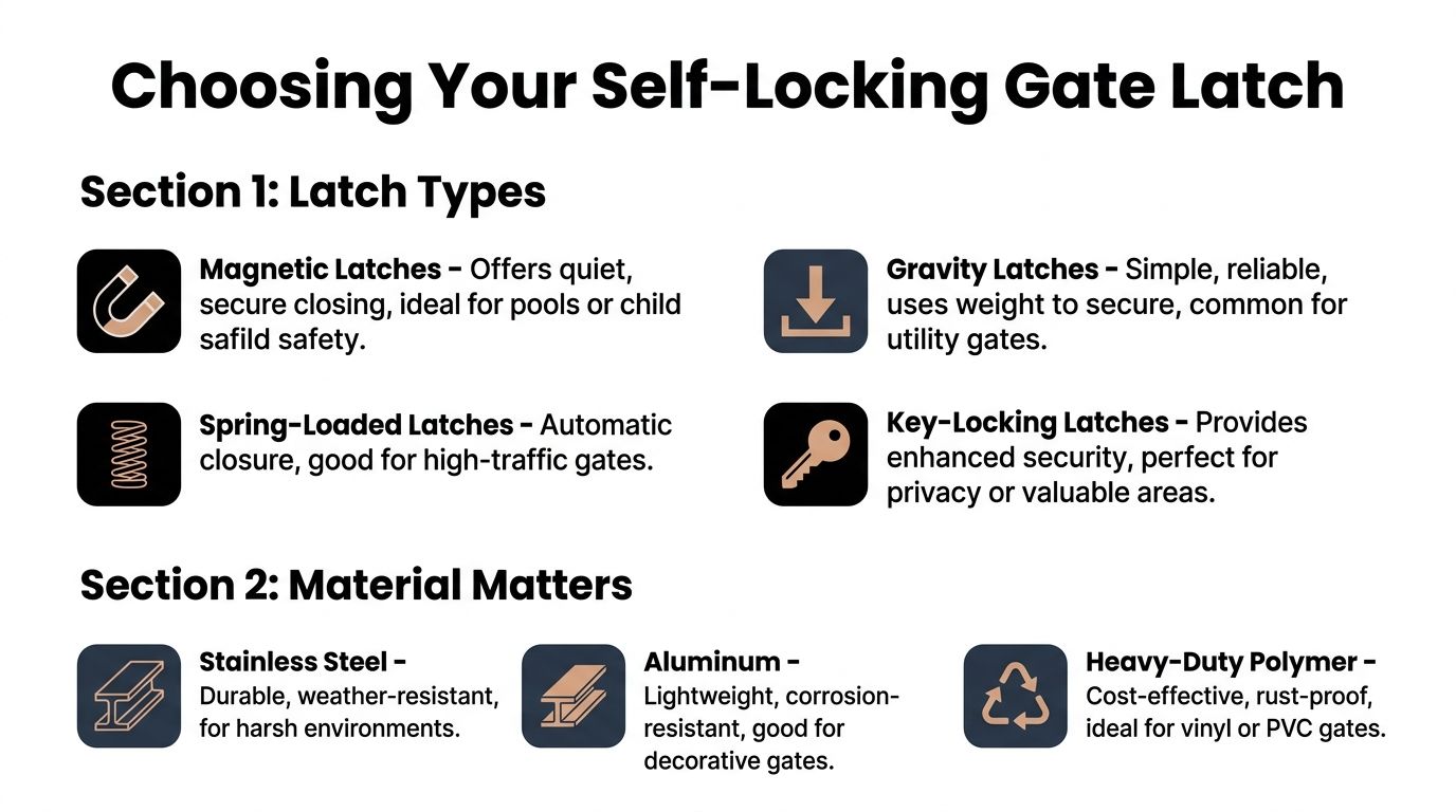 A guide illustrating different types of self-locking gate latches and materials used for gate security.