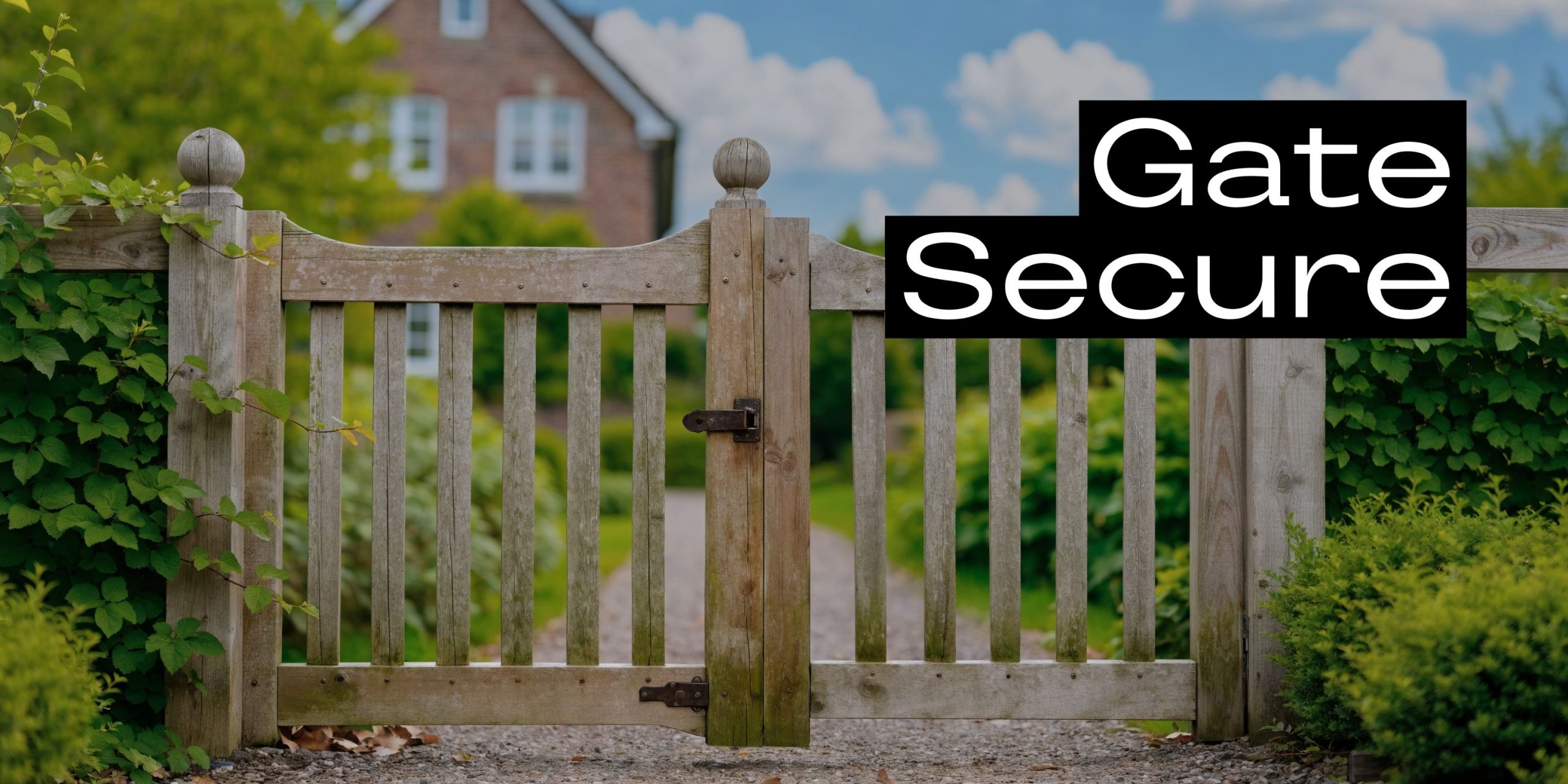 A classic wooden garden gate with a secure metal latch in front of a blurred house.