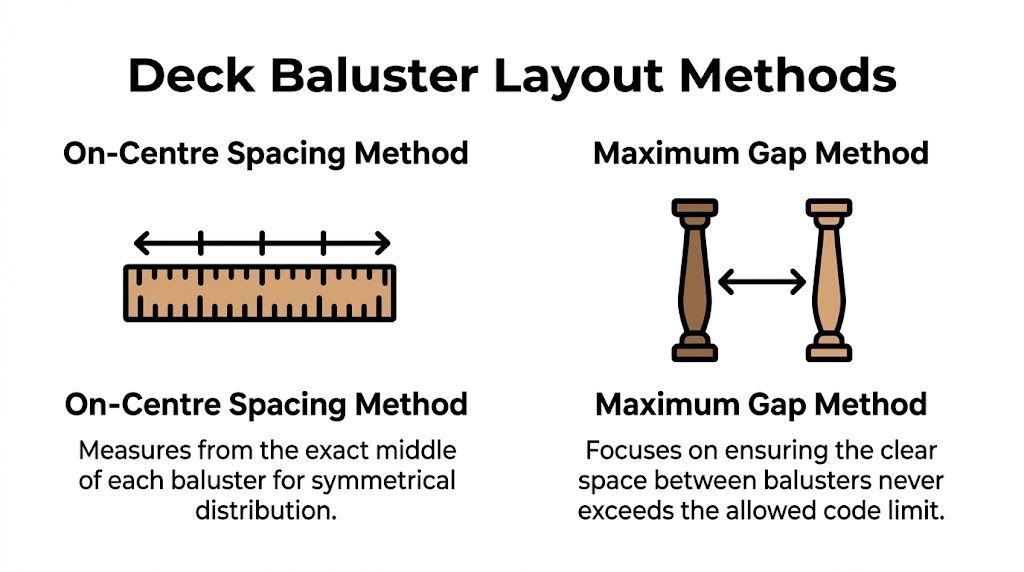 A diagram explaining the differences between on-centre spacing and maximum gap methods for deck balusters.
