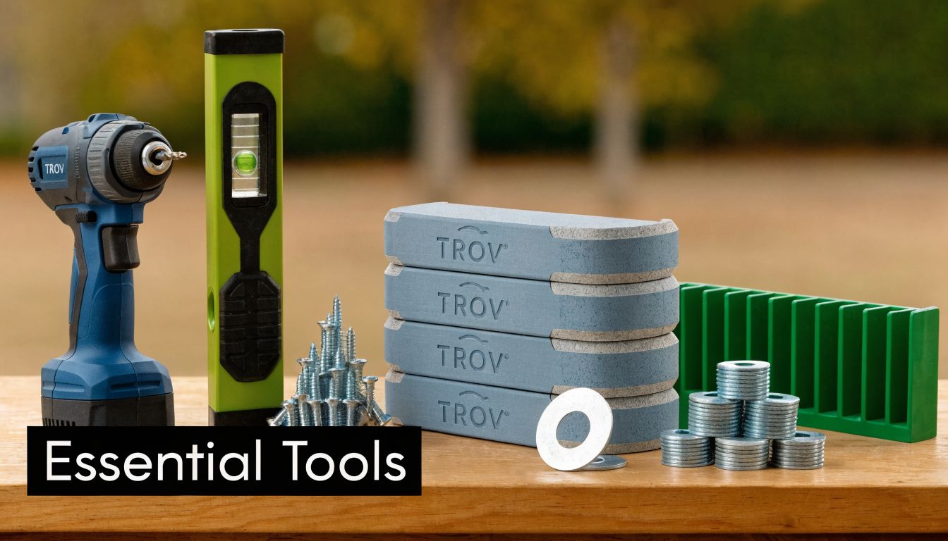 A collection of construction tools including a cordless drill, level, screws, spacers, and washers on a wooden surface.