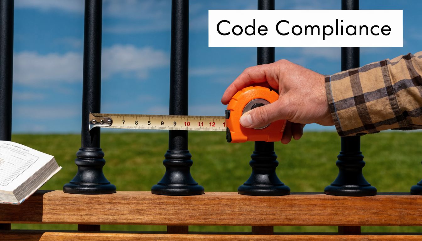 A hand uses a measuring tape to check the spacing between black metal deck balusters outdoors.