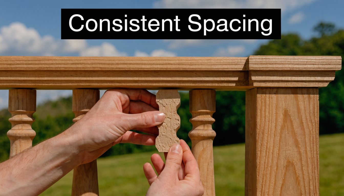 A person uses a wooden spacing block to ensure consistent gap width between installed deck balusters.