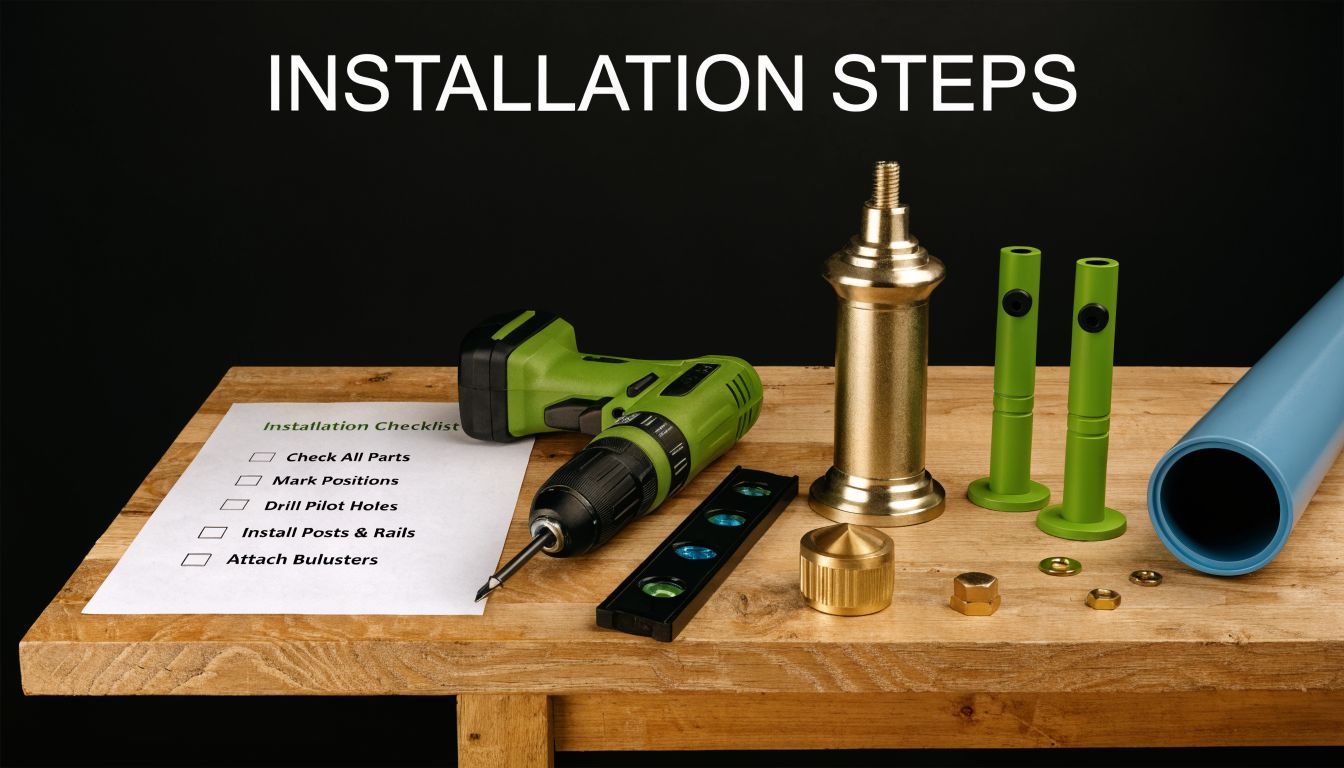 A wooden table displaying a drill, installation checklist, metal components, and a blue pipe for stairway railing.