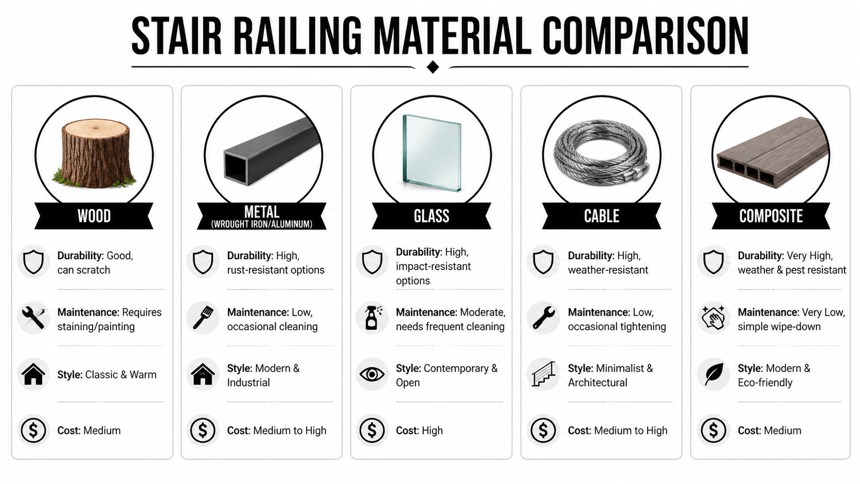 A comparison chart outlining the durability, maintenance, style, and cost of five stair railing materials.
