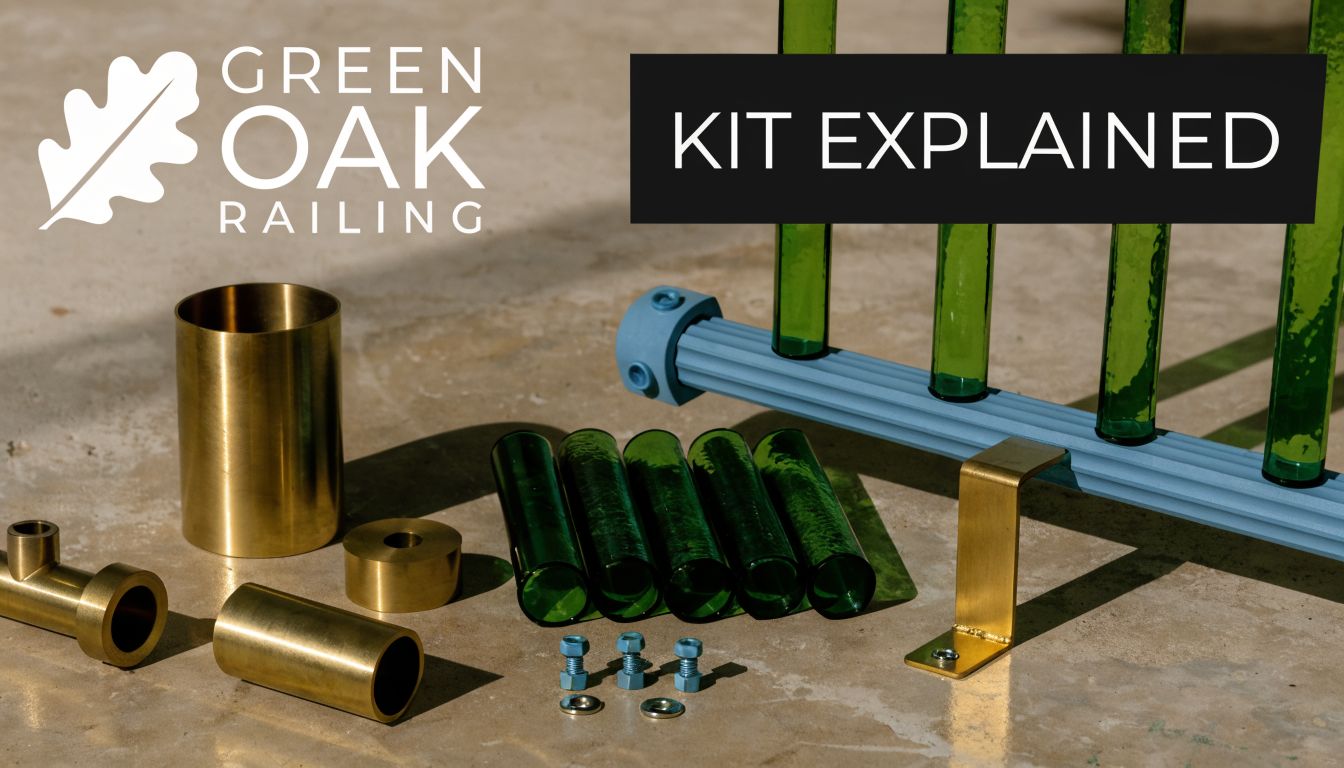 Components of a Green Oak railing kit displayed on a stone surface including metal and glass parts.