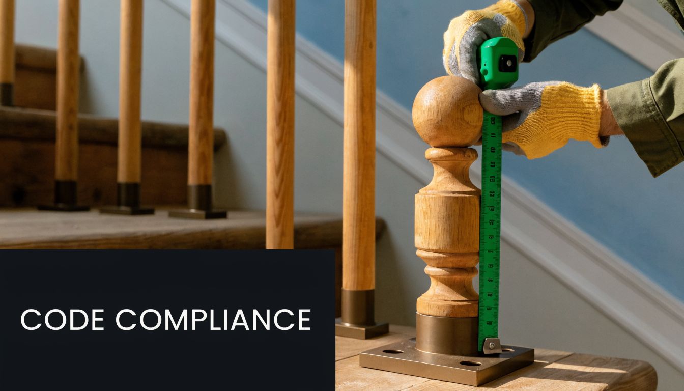 A construction worker measures the height of a wooden stair railing baluster to ensure building code compliance.