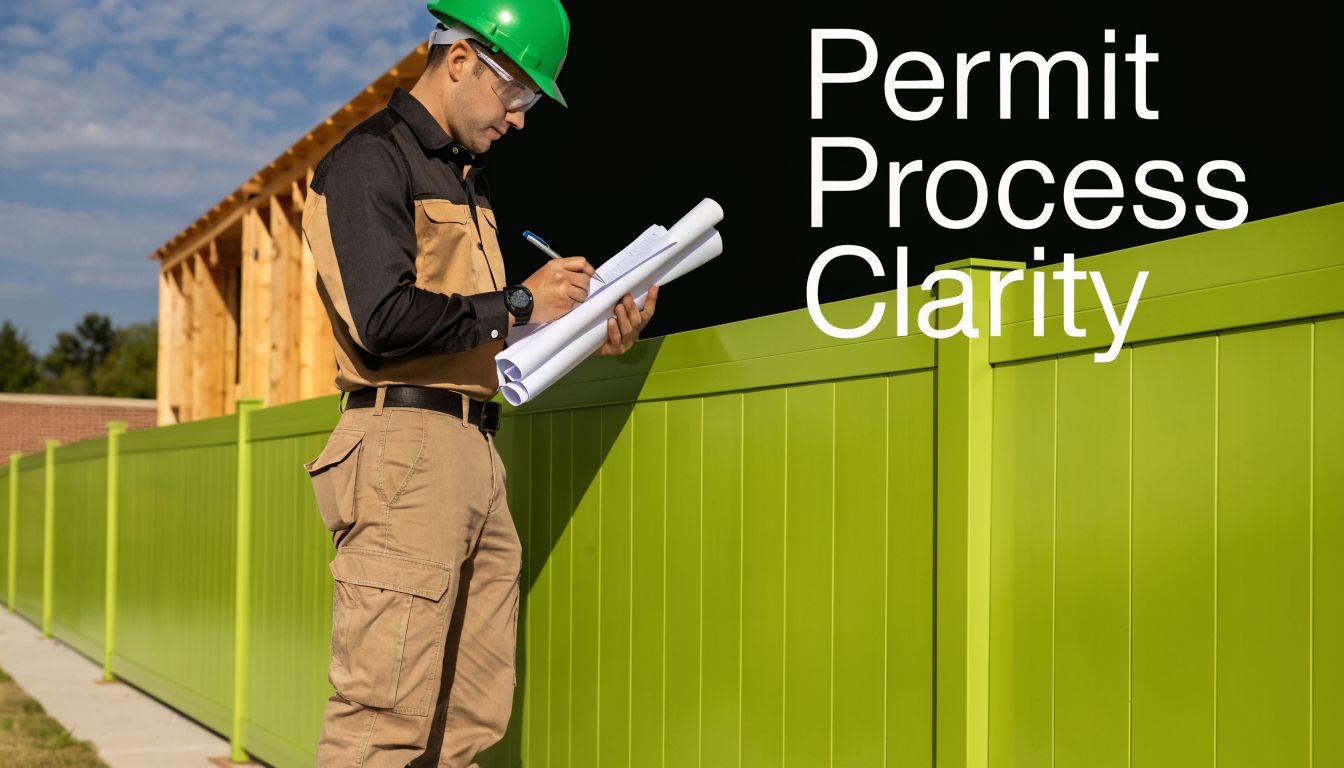 A construction inspector in a hard hat reviews site plans in front of a green privacy fence.