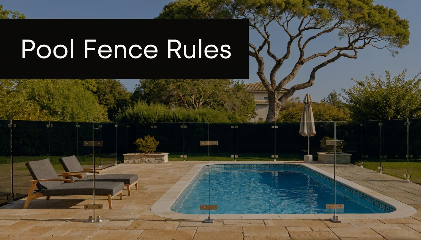 A modern glass pool fence surrounding a backyard swimming pool with lounge chairs on a stone patio.