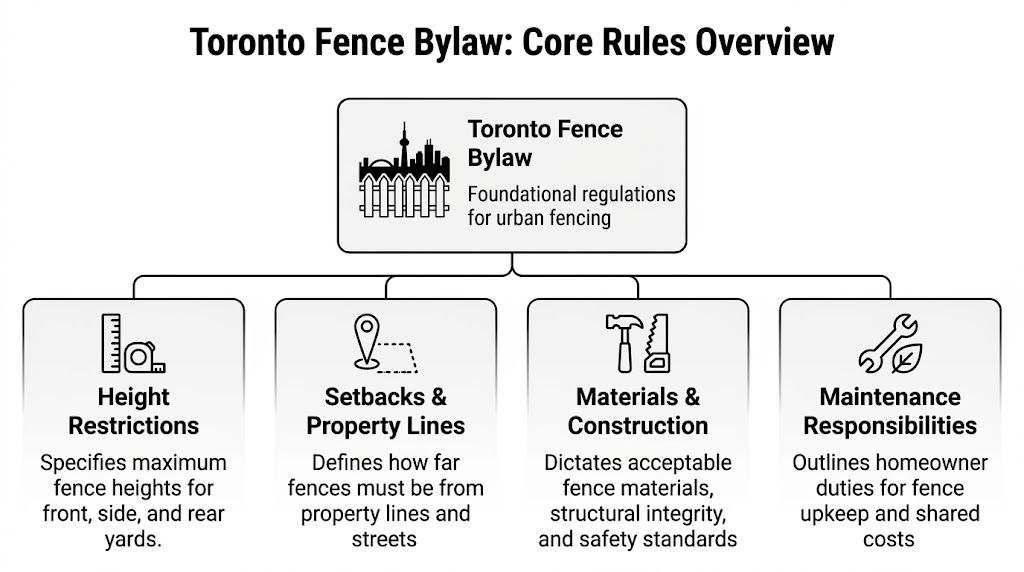 An infographic titled Toronto Fence Bylaw outlining key regulations regarding height, location, construction materials, and maintenance responsibilities.