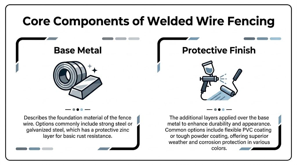An infographic detailing the base metal and protective finish components used in manufacturing welded wire fencing.